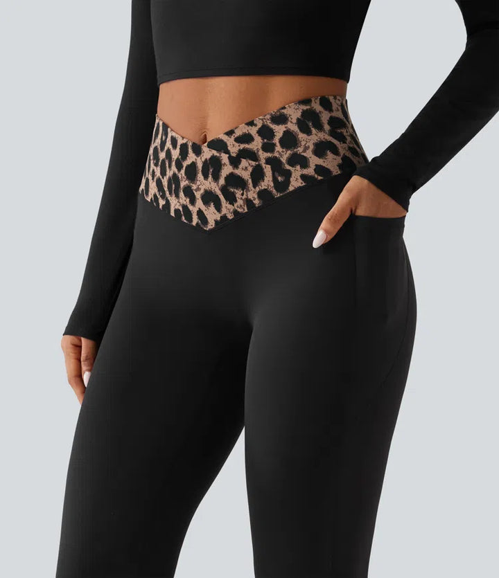 Halara UltraSculpt Leopard Print High Waisted Crossover InstantCool Casual Flare Trousers with Pockets
