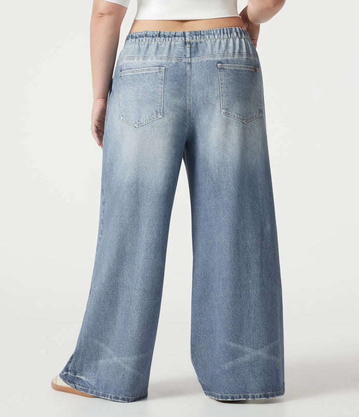 Plus Size Mid Rise Denim Print French Terry Casual Sweattrousers Jeans with Pockets