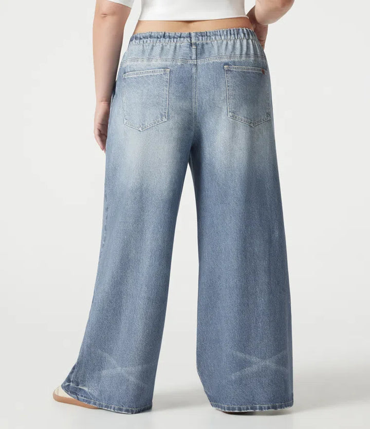 Plus Size Mid Rise Denim Print French Terry Casual Sweattrousers Jeans with Pockets