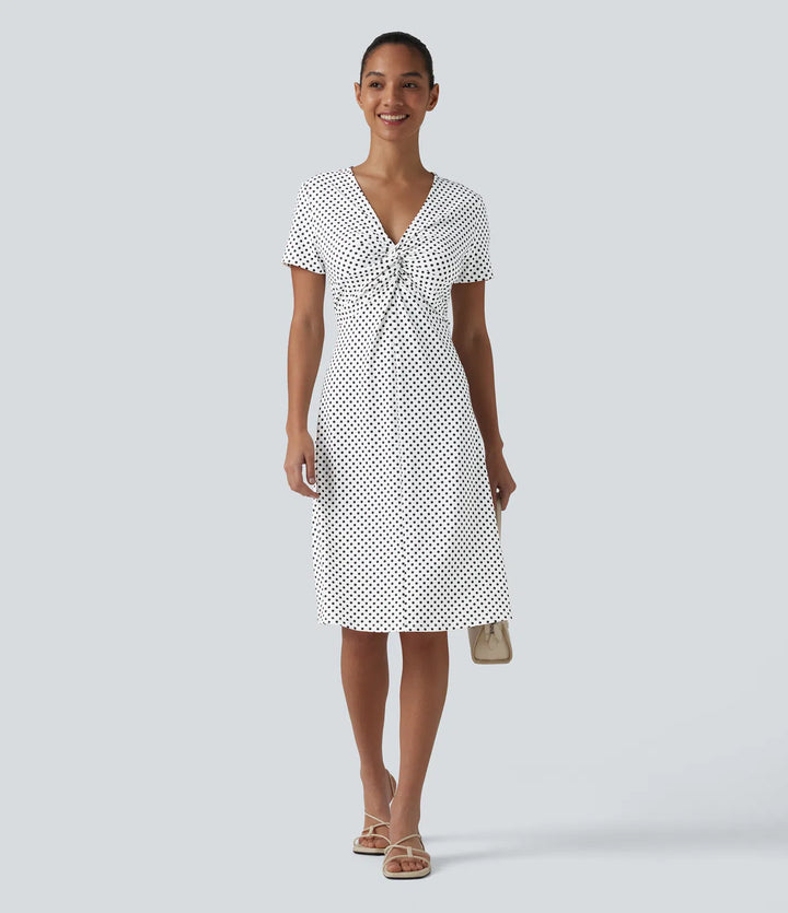 V Neck Short Sleeve Polka Dot Knee Length Casual Dress