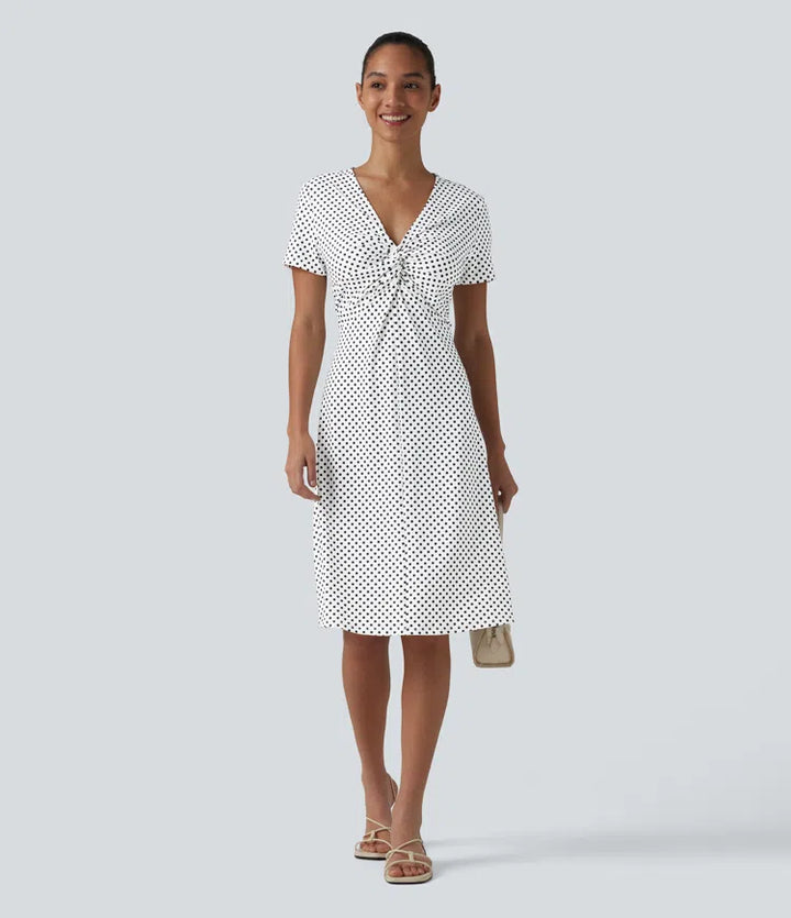 V Neck Short Sleeve Polka Dot Knee Length Casual Dress