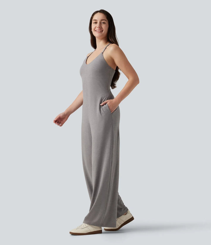 U-Neck Sleeveless Crisscross Back Casual Straight Leg Jumpsuit with Pockets