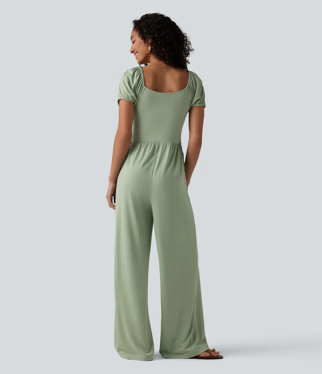 V Neck Puff Short Sleeve Non-Removable Pad Corset Jumpsuit with Pockets
