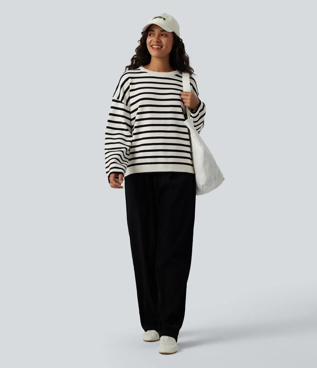 Round Neck Long Sleeve Stripe Decorative Button Casual Jumper