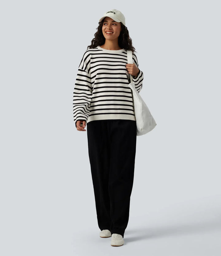 Round Neck Long Sleeve Stripe Decorative Button Casual Jumper