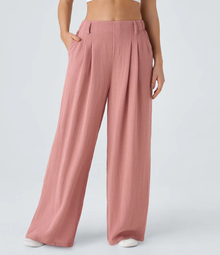 High Waisted Pocket Wide Leg Flowy Solid Palazzo Casual Linen-Feel Trousers