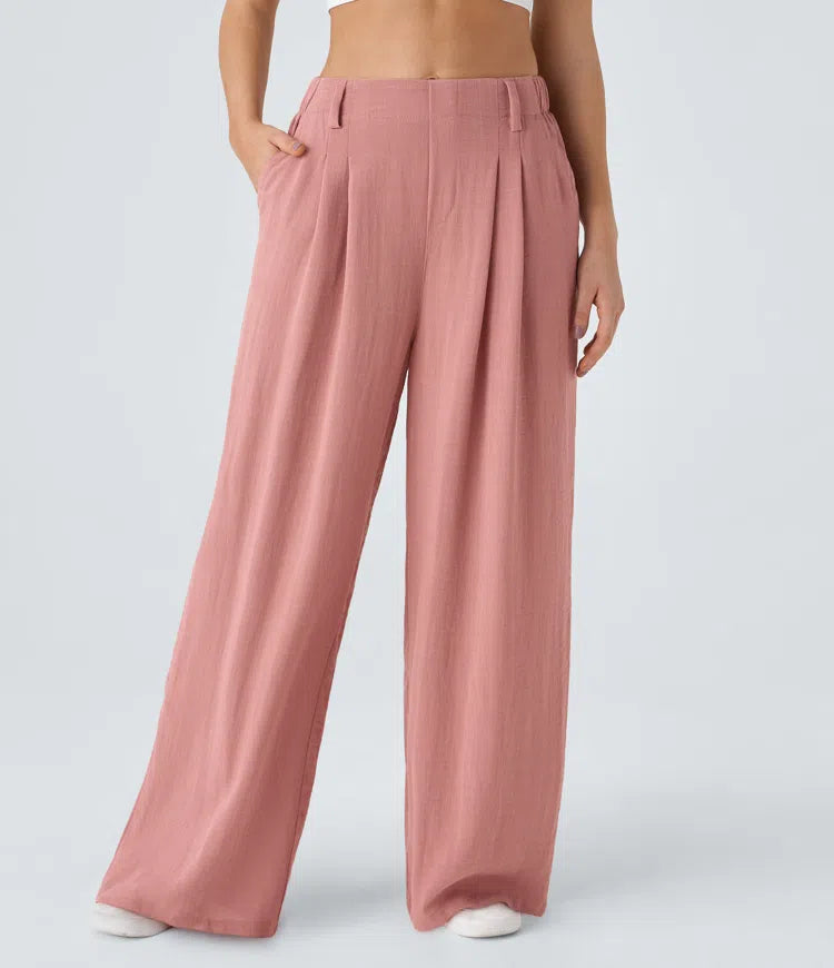 High Waisted Pocket Wide Leg Flowy Solid Palazzo Casual Linen-Feel Trousers