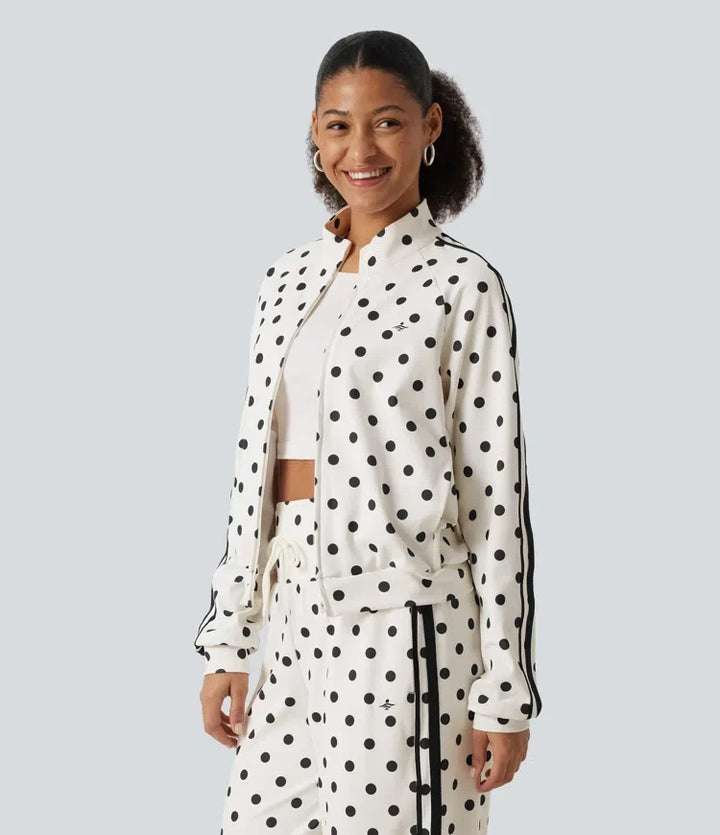 Stand Collar Polka Dot Side Stripe Casual Track Jacket with Pockets