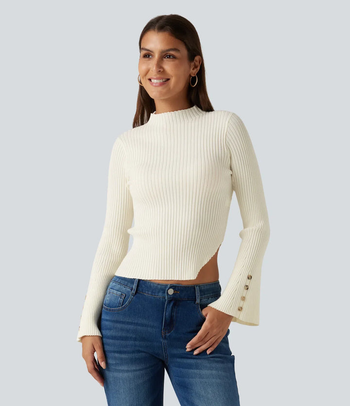 Ribbed Knit Stand Collar Flounce Sleeves Asymmetric Hem Slim Work Jumper