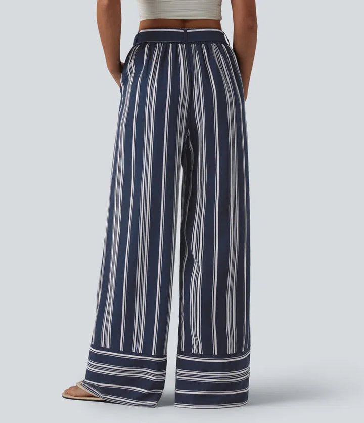 High Waisted Belted Stripes Resort Baggy Trousers with Pockets
