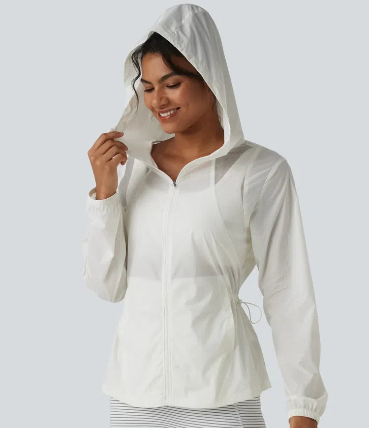 Hooded Drawstring Contrast Mesh Workout Jacket with Pockets