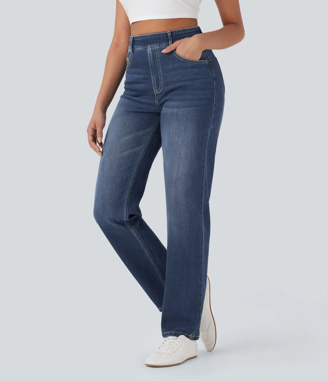 Halara Flex High Waisted Tummy Control Pockets Straight Leg Washed Casual Jeans