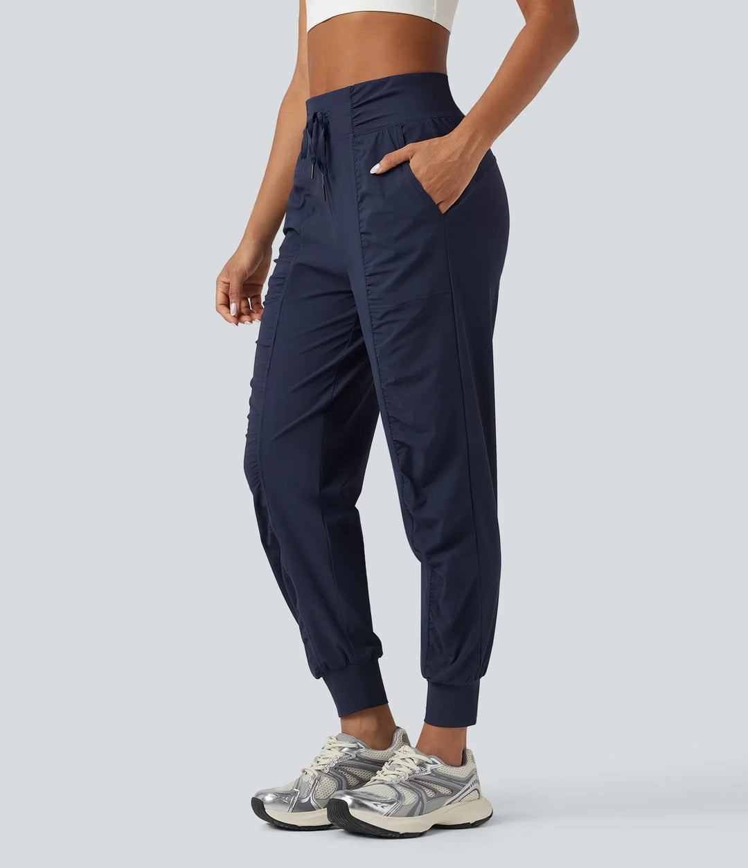 High Waisted Drawstring Ruched Tapered Quick Dry InstantCool Dance Joggers with Pockets-UPF40+