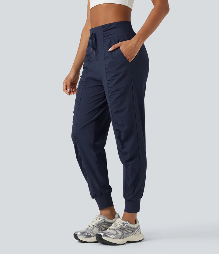 High Waisted Drawstring Ruched Tapered Quick Dry InstantCool Dance Joggers with Pockets-UPF40+
