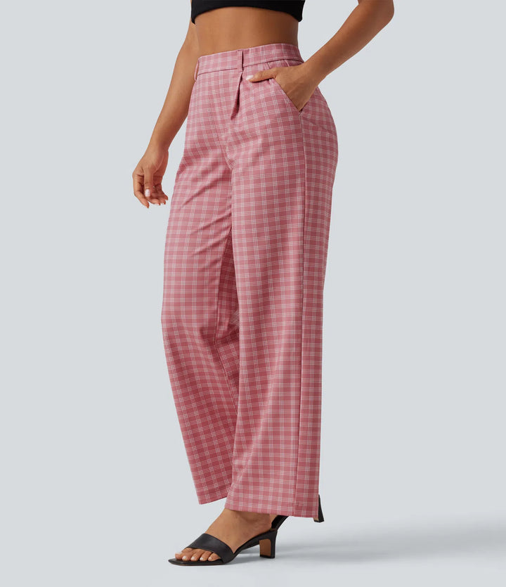 Halara Flex High Waisted Straight Leg Plaid Work Trousers with Pockets