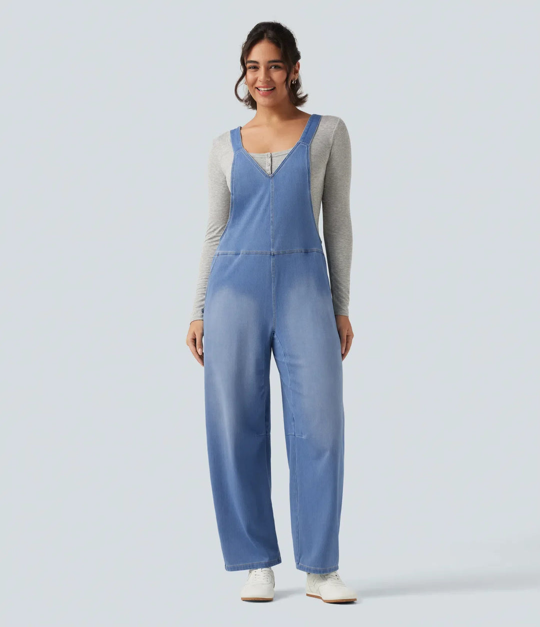 Halara Flex V Neck Sleeveless Barrel Leg Denim Casual Overalls with Pockets
