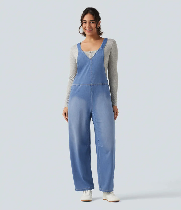 Halara Flex V Neck Sleeveless Barrel Leg Denim Casual Overalls with Pockets