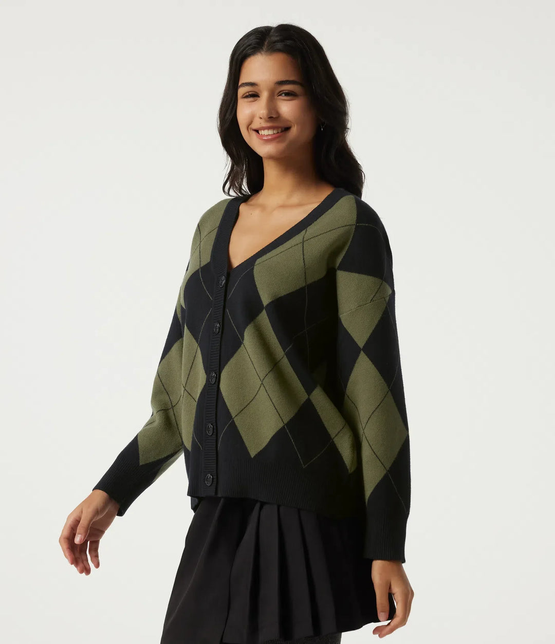 V Neck Long Sleeve Diamond Check Casual Cardigan