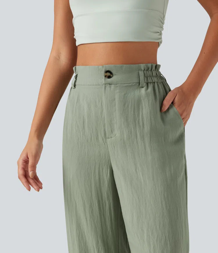 High Waisted Wide Leg Casual Linen-Blend Trousers with Pockets