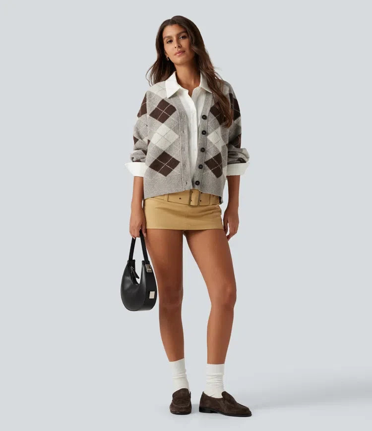 V Neck Long Sleeve Plaid Casual Cardigan
