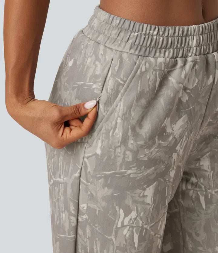 Mid Rise Straight Leg Patterned Inner Drawstring Fleece Casual SweatTrousers with Pockets