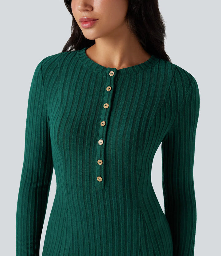 Ribbed Knit Henley Neck Long Sleeve Flowy Maxi Fleece Casual Dress