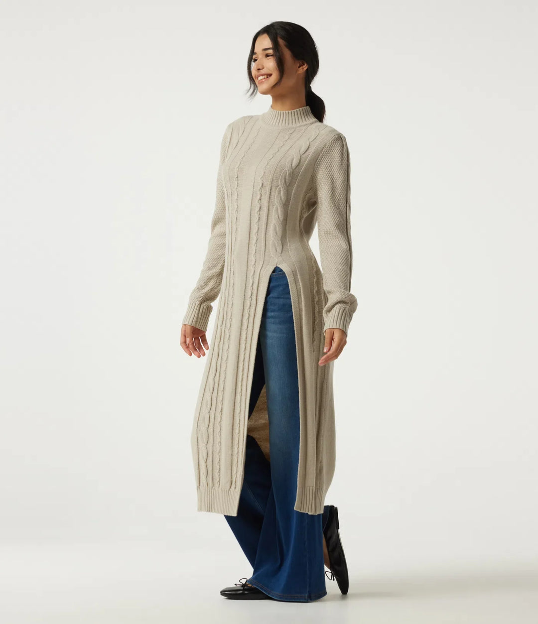 Mock Neck Long Sleeve Cable Stitch Casual Midi Jumper Dress