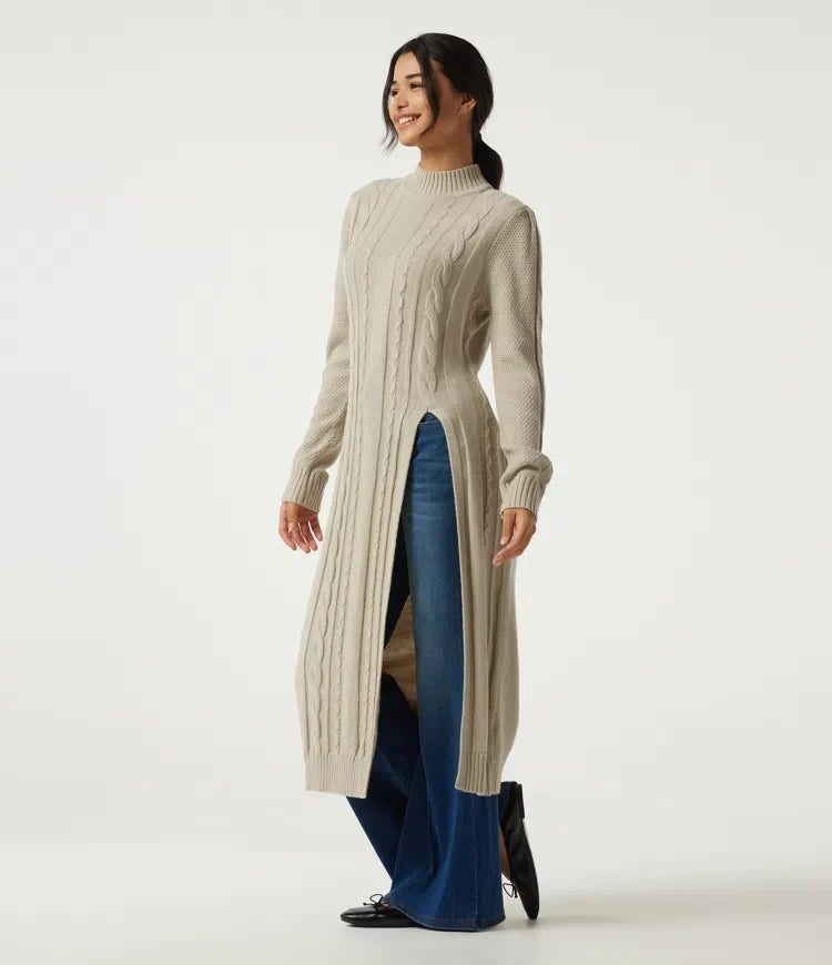 Mock Neck Long Sleeve Cable Stitch Casual Midi Jumper Dress