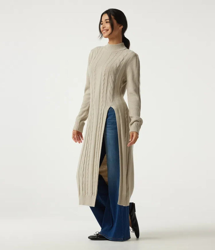 Mock Neck Long Sleeve Cable Stitch Casual Midi Jumper Dress