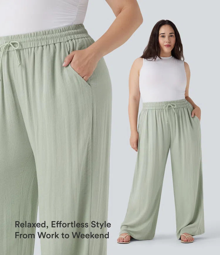 High Waisted Drawstring Linen-Feel Wide Leg Casual Plus Size Trousers with Pockets