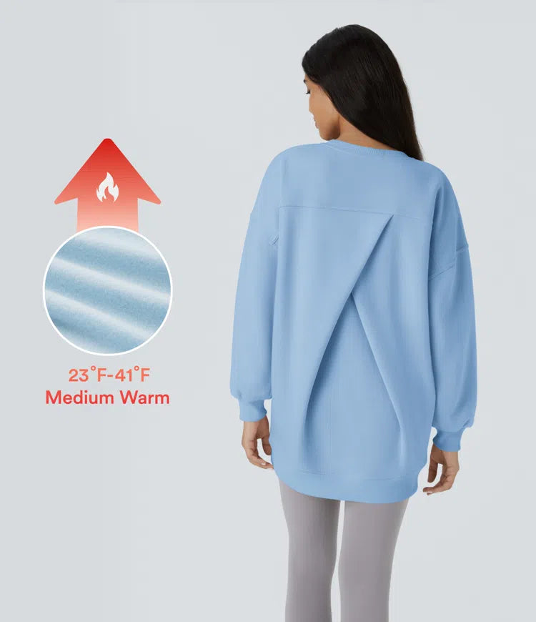 Round Neck Long Sleeve Pocket Oversize Fleece Casual Sweatshirt
