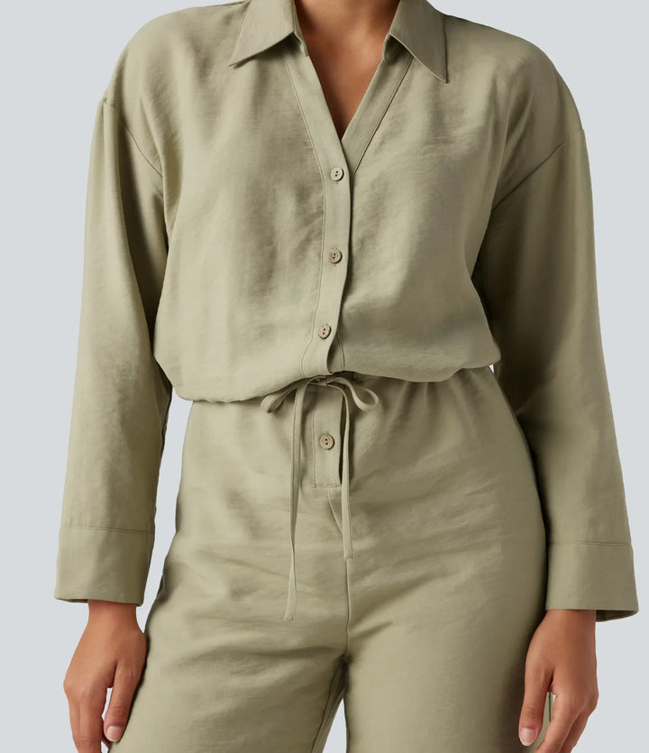 Long Sleeve Drawstring Wide Leg Work Jumpsuit with Pockets