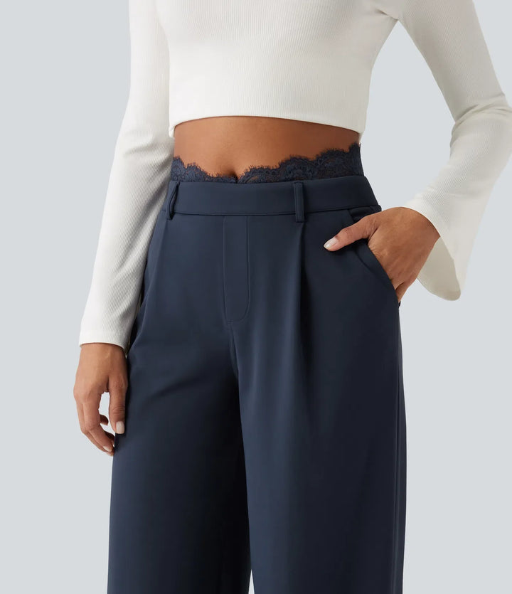 Halara Flex High Waisted Contrast Lace Straight Leg Work Trousers with Pockets