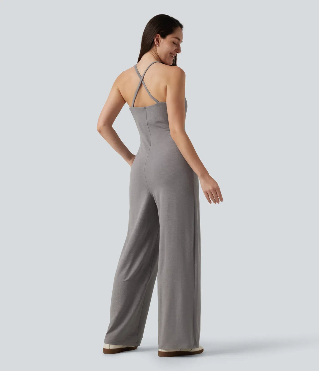 U-Neck Sleeveless Crisscross Back Casual Straight Leg Jumpsuit with Pockets