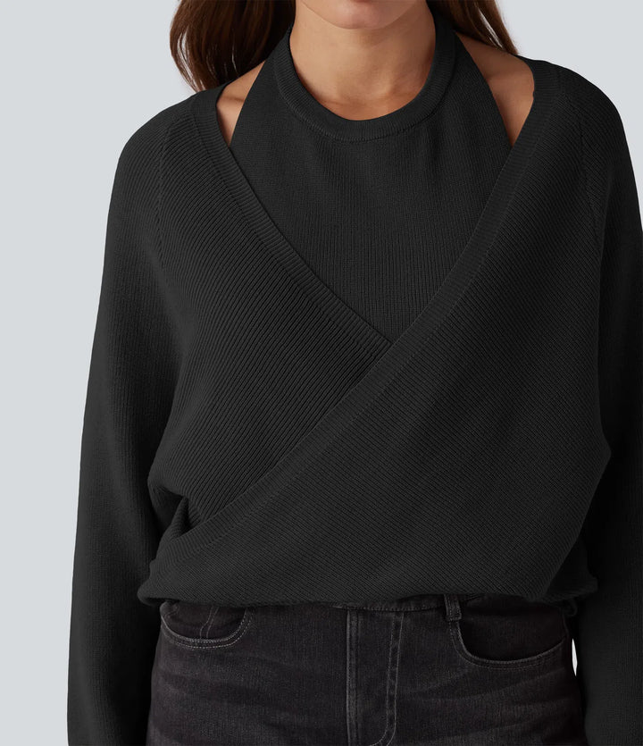 Halter Long Sleeve Wrap 2-in-1 Casual Jumper