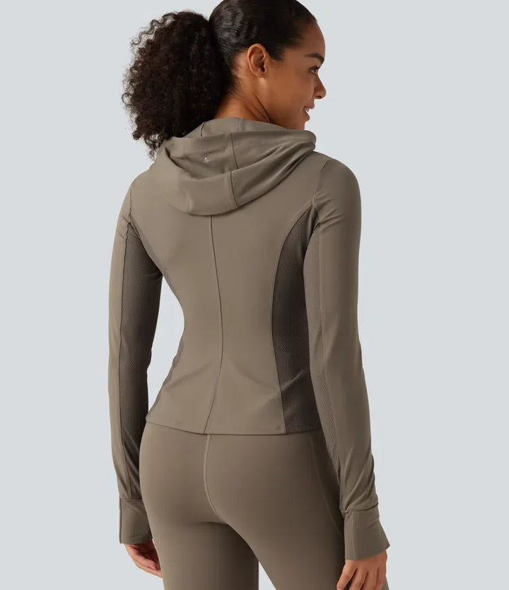 Halara UltraSculpt Hooded Long Sleeve Ruffle Hem Yoga Track Jacket with Pockets and  Thumb Holes
