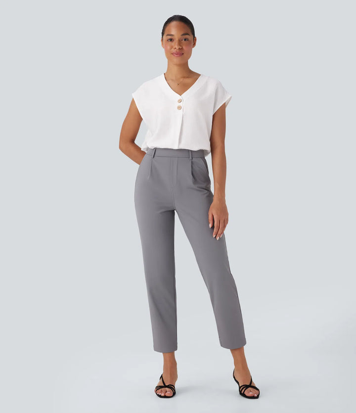 V Neck Cap Sleeve Decorative Button Work Blouse