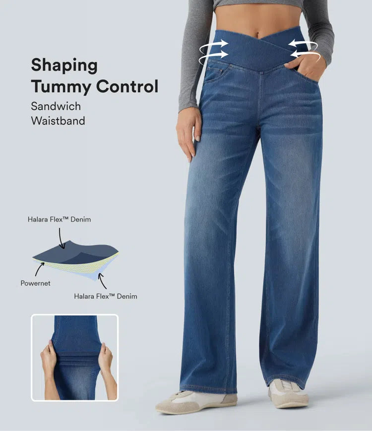 Halara Flex Crossover High Waisted Tummy Control Casual Straight Leg Jeans with Pockets