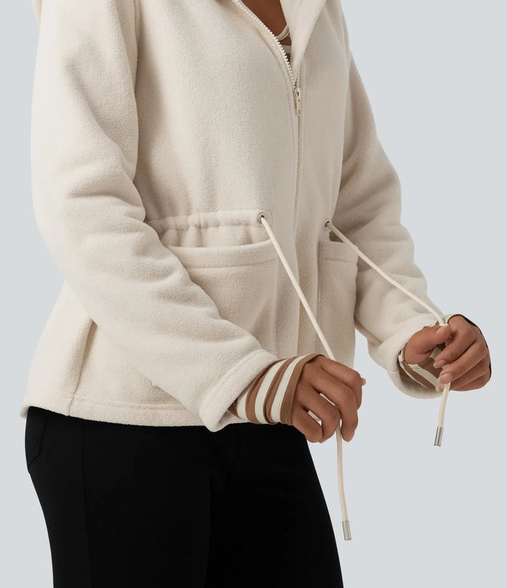 Hooded Drawstring Long Sleeve Casual Sherpa Jacket with Pockets