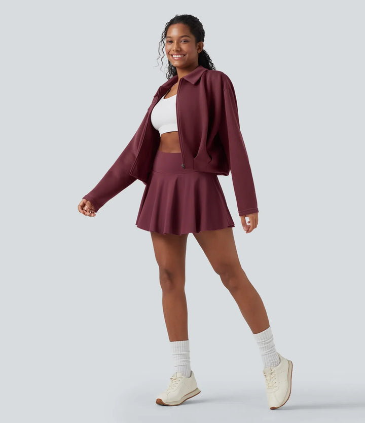 SpacerTek Collar Long Sleeve Pleated Zip Fly Casual Jacket