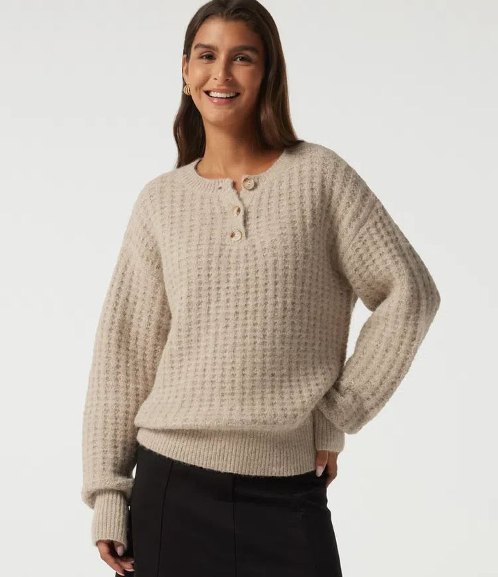 Henley Neck Drop Shoulder Long Sleeve Casual Jumper