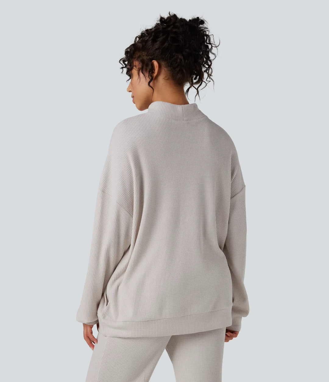 Mock Neck Long Sleeve Relaxed Waffle Casual Sweatshirt with Pockets