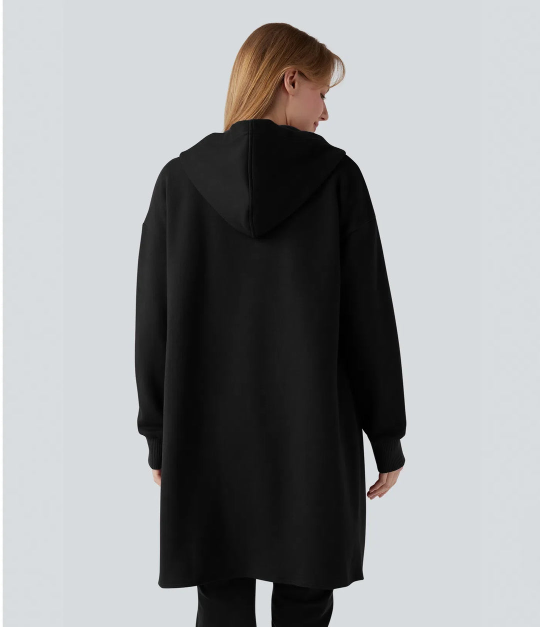 Hooded Zipper Long Sleeve Curved Hem Longline Casual Cotton Sweatshirt with Pockets