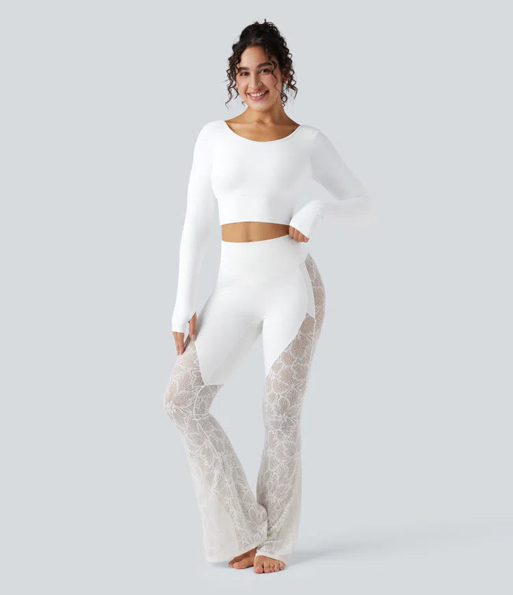 SoftlyZero Push-Up Long Sleeve Thumb Hole Contrast Lace Cropped Yoga Sports Top