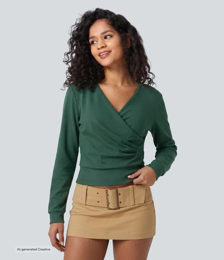V Neck Long Sleeve Crossover Ruched Yoga Sweatshirt