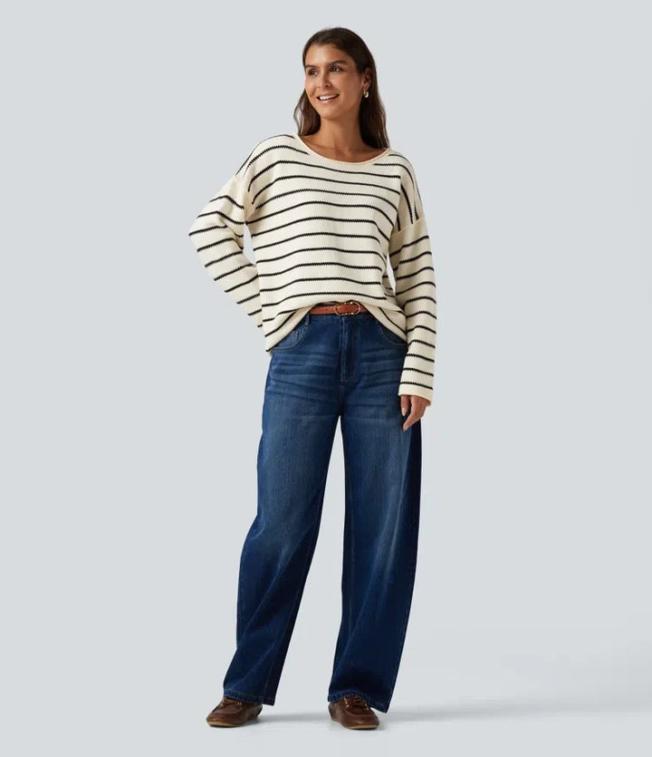 Boat Neck Long Sleeve Stripe Rolled Hem Oversized Casual Jumper