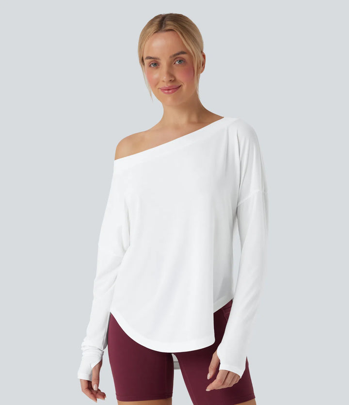 One Shoulder Long Sleeve Thumb Hole Curved Hem High Low Quick Dry Yoga Sports Top