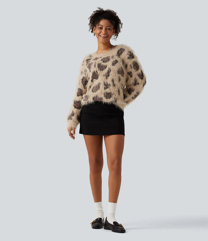 Round Neck Long Sleeve Leopard Print Casual Jumper