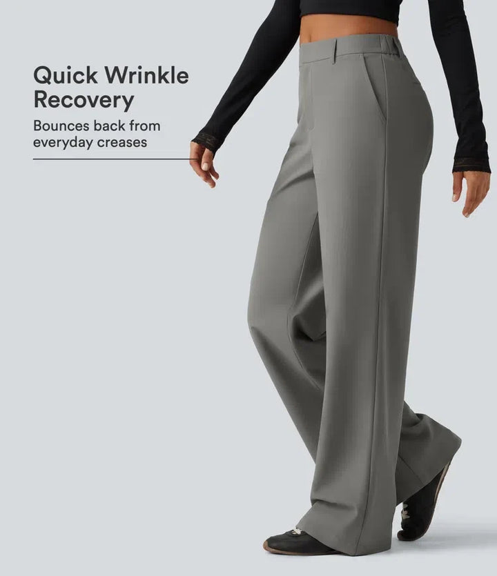 Wrinkle Recovery Mid Rise Straight Leg Work Trousers with Pockets