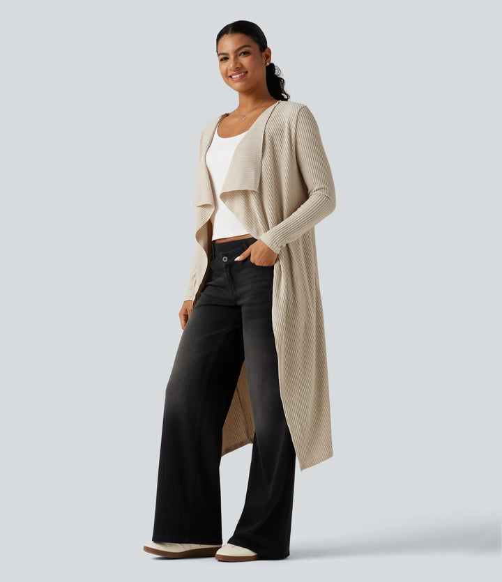 Ribbed Knit Open Front Long Sleeve Casual Longline Waterfall Cardigan with Pockets